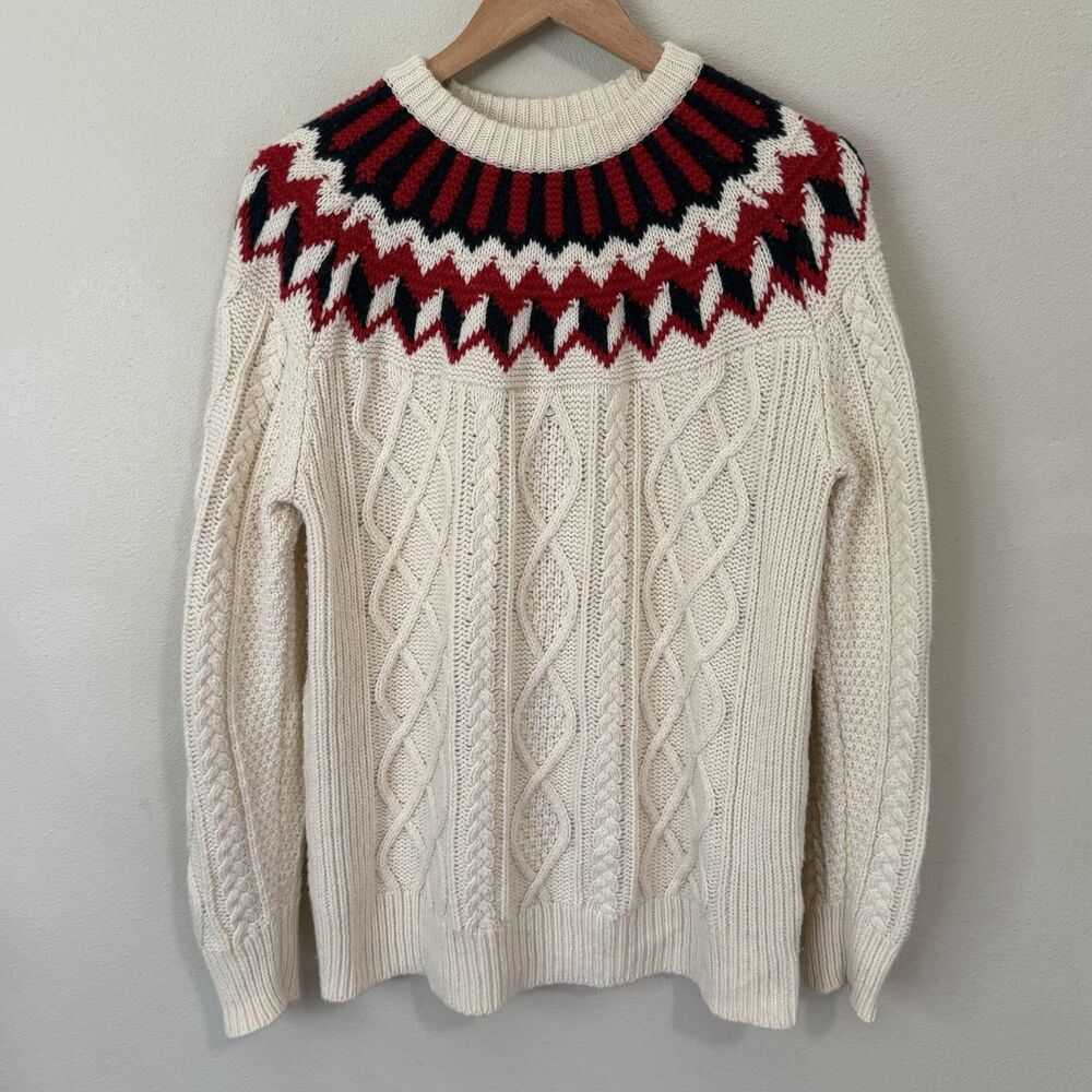 J. Crew Fair Isle Cable Knit Sweater Womens M Merino Wool Chunky Cream Red